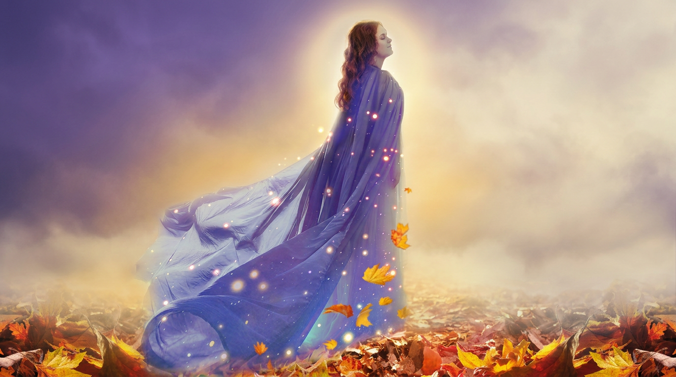 Figura serena representando Maria envolta em véu luminoso